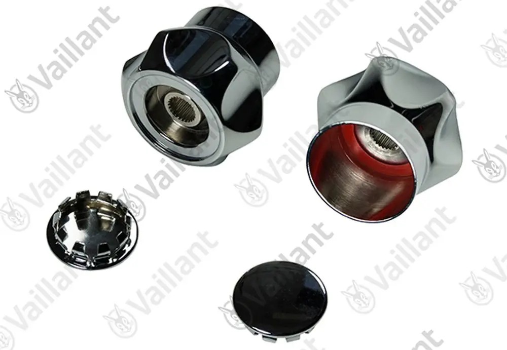 Zwei glänzende Vaillant Drehknöpfe in rot und blau mit einem separaten Deckel. Beide Teile sind zylindrisch und haben ein gewindeartiges Innenteil.